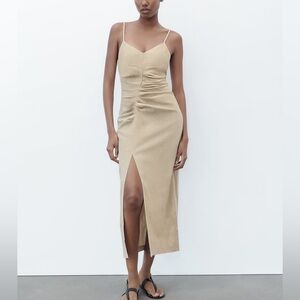 ZARA Ruched Linen Blend Slip Midi Dress size Small
